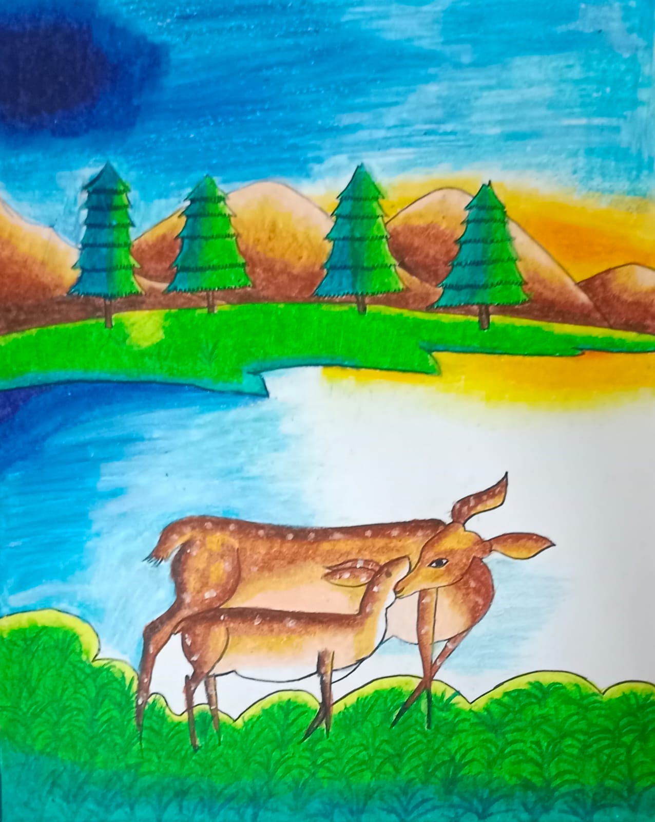 Colour pencil landscape with deer